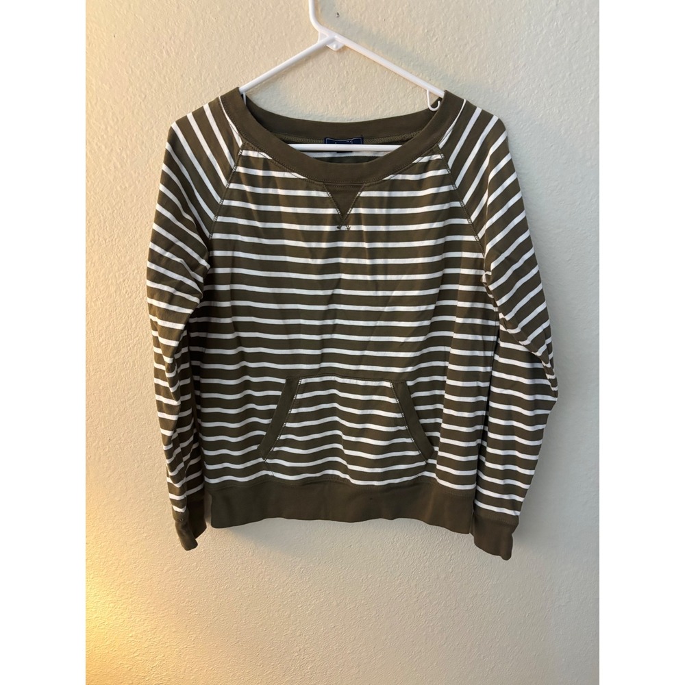 Striped Olive Green White Pullover Sweatshirt Scoop Neck Kangaroo Pocket 
A1241L